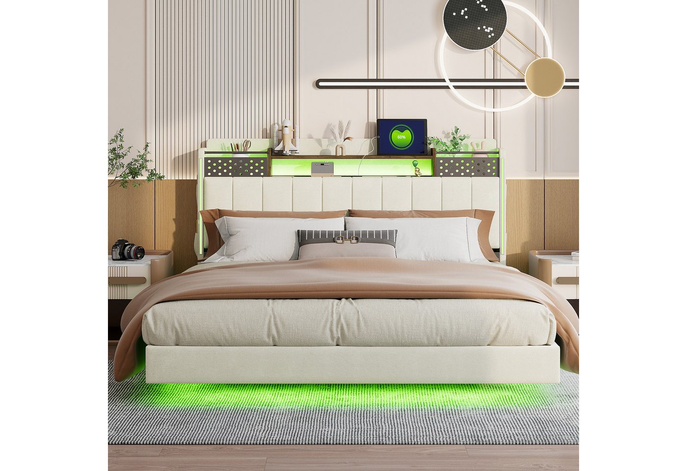 Ulife Polsterbett Schwebebett Doppelbett mit LED-Beleuchtung und USB-Steckdose (ohne Matratze), Kopfteil mit stauraum 160x200Cm von Ulife