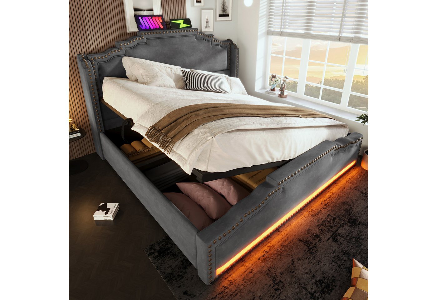 Ulife Polsterbett Stauraumbett,Jugendbett, Doppelbett, Funktionsbett LED-Beleuchtung (Ohne Matratze), mit hydraulischem Stauraum und USB-C-Ladeanschluss von Ulife