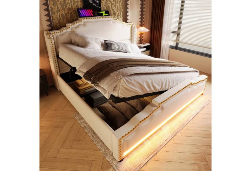 Ulife Polsterbett Stauraumbett,Jugendbett, Doppelbett, Funktionsbett LED-Beleuchtung (Ohne Matratze), mit hydraulischem Stauraum und USB-C-Ladeanschluss von Ulife