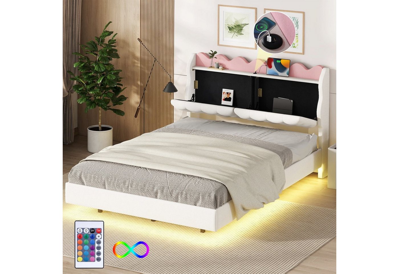 Ulife Polsterbett Stauraumbett Doppelbett mit Nachtkästchen und Lichtleiste, mit USB-Ladeanschluss (140 x 200cm) von Ulife
