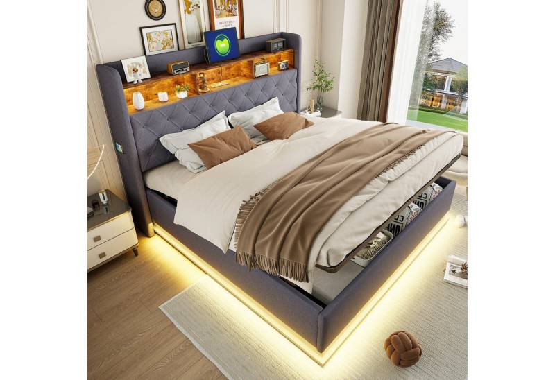 Ulife Polsterbett Stauraumbett Doppelbett mit USB-Ladeanschluss & hydraulischem Stauraum (Ohne Matratze), Mehrfarbige LED-Beleuchtung, Stabiles Metallgestell von Ulife