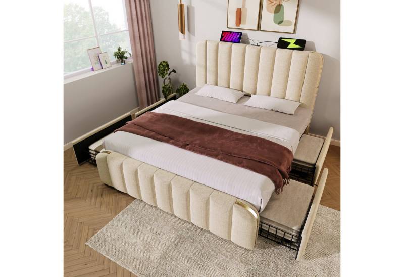 Ulife Polsterbett Stauraumbett Jugendbett mit USB Typ-C Ladefunktion (Ohne Matratze), mit 4 Schubladen von Ulife