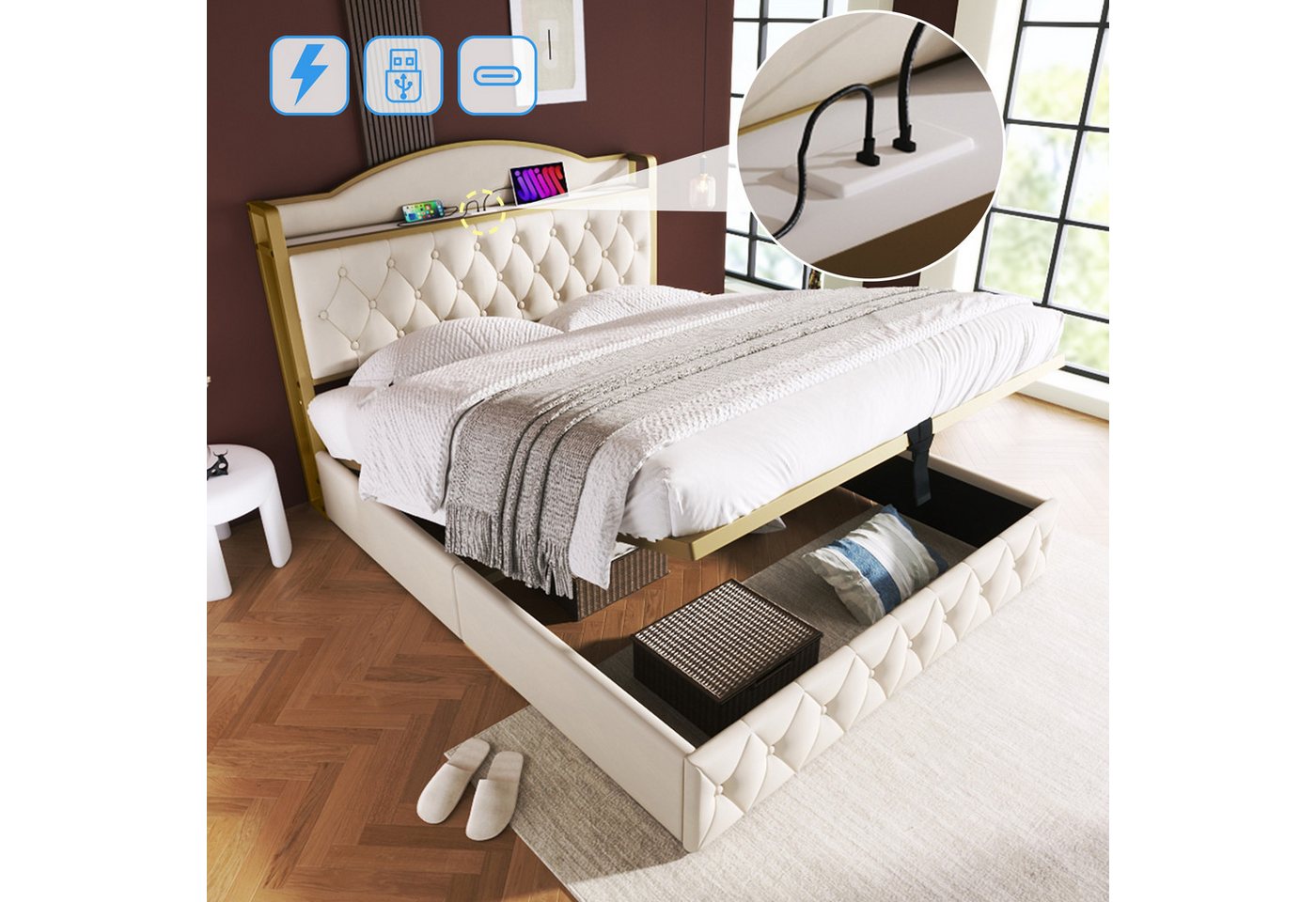 Ulife Polsterbett Stauraumbett Kinderbett Jugendbett mit USB Typ C Ladefunktion, Doppelbett, 160x200cm von Ulife