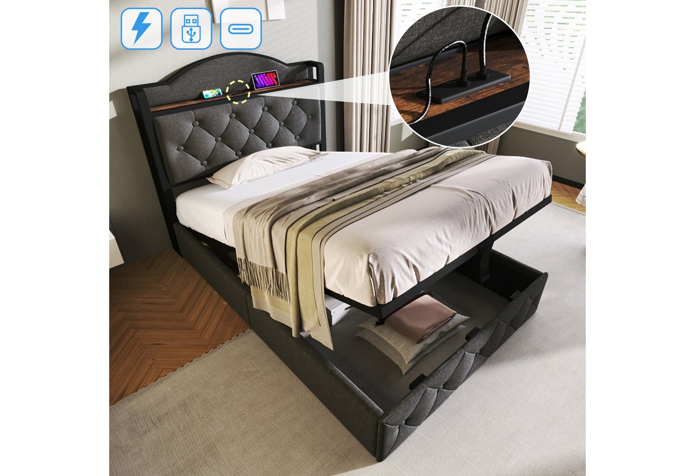 Ulife Polsterbett Stauraumbett Kinderbett Jugendbett mit USB Typ C Ladefunktion von Ulife