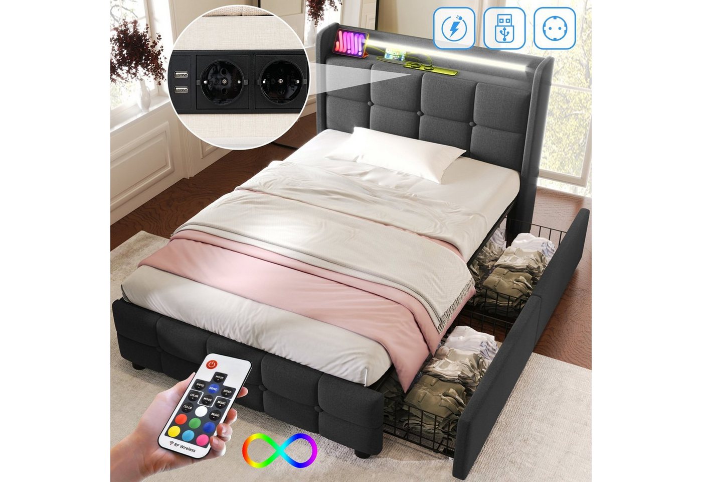 Ulife Polsterbett Stauraumbetten Doppelbett mit LED-Beleuchtung,USB Ladefunktion, 2 Schubladen, 90 × 200cm von Ulife