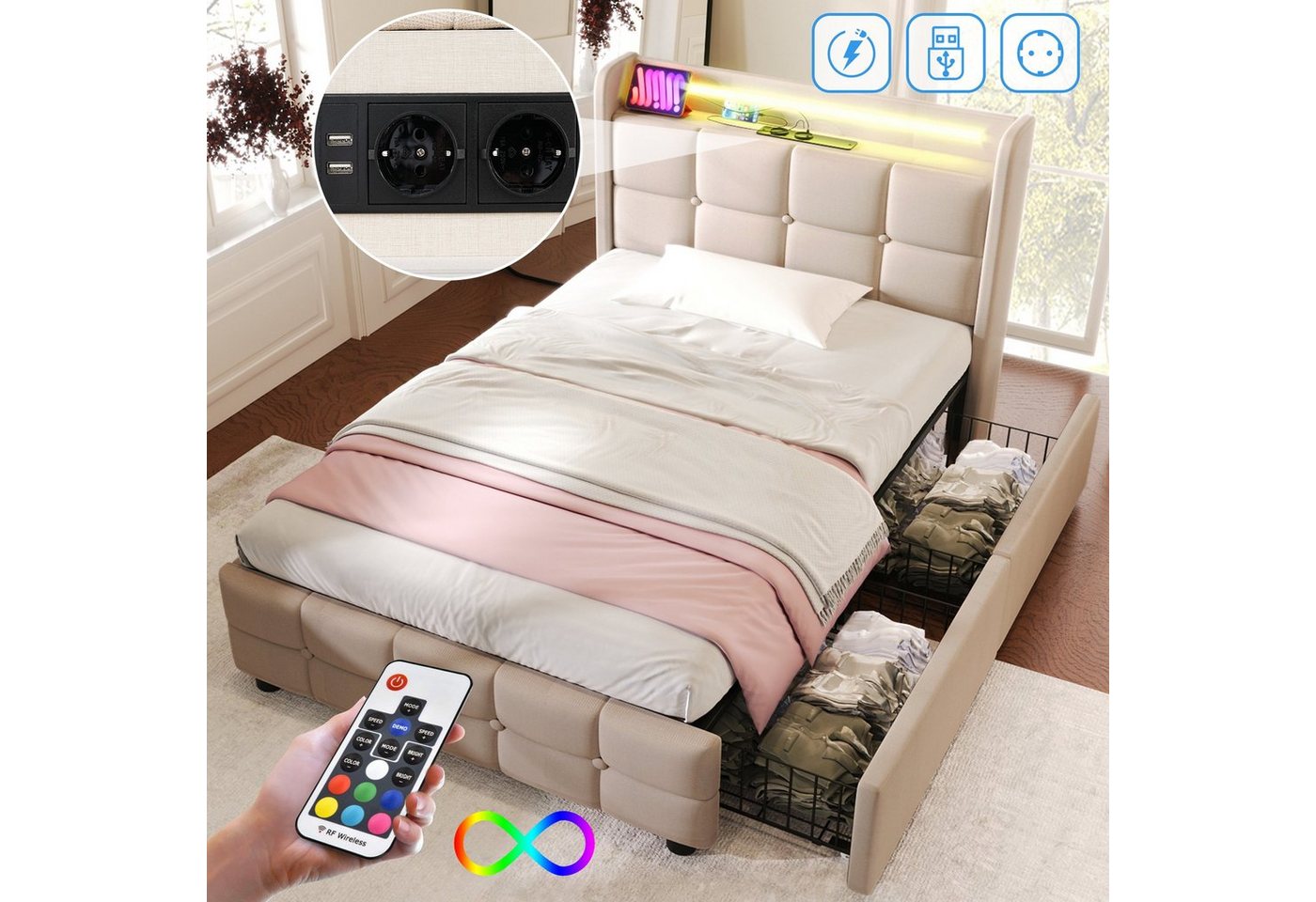 Ulife Polsterbett Stauraumbetten Doppelbett mit LED-Beleuchtung,USB Ladefunktion, 2 Schubladen, 90 × 200cm von Ulife