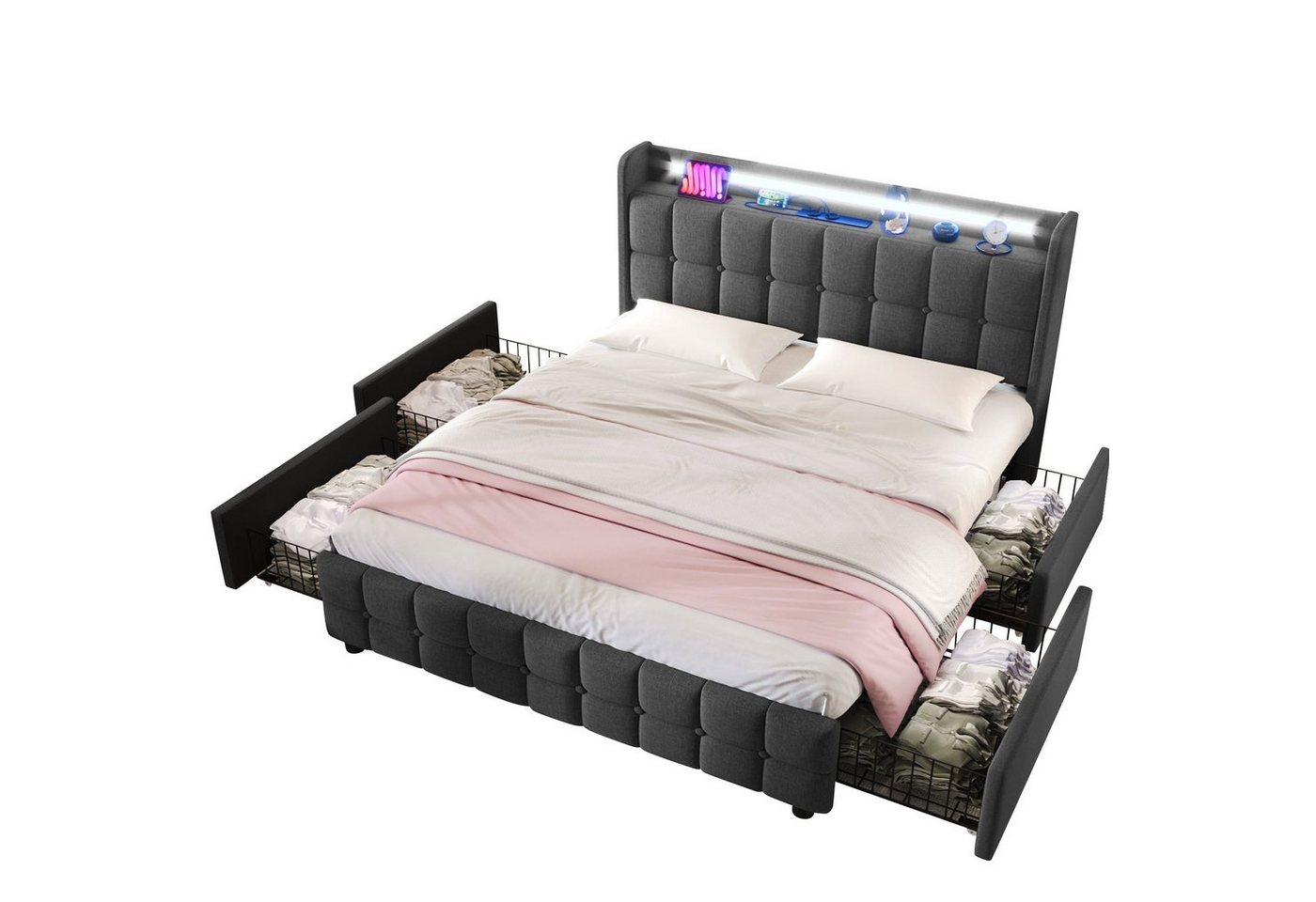 Ulife Polsterbett Stauraumbetten Doppelbett mit LED-Beleuchtung,USB Ladefunktion, 4 Schubladen, 160 × 200cm von Ulife