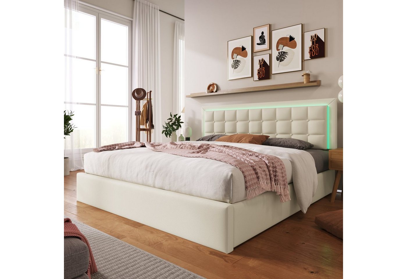 Ulife Polsterbett Weiß Doppelbett LED-Beleuchtung Kunstleder mit Stauraum, 140 X 200 cm von Ulife