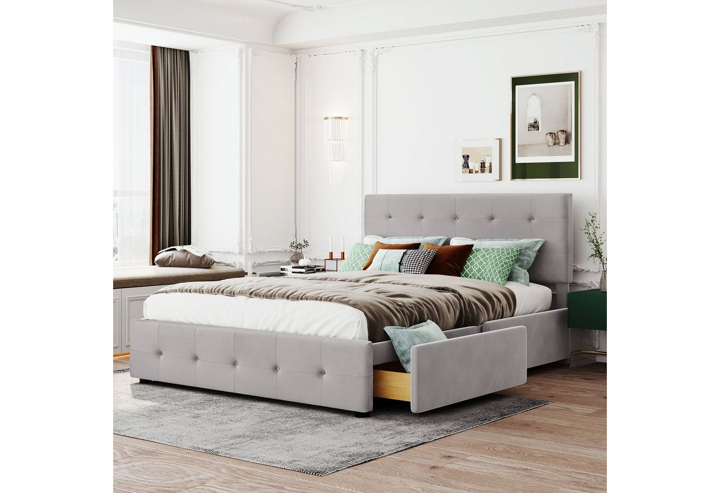 Ulife Polsterbett graues Doppelbett mit Lattenrost & Rückenlehne, 140*200 cm (Packung, 1 Bett), 4 Schubladen,Höhenverstellbares Kopfteil,Samtstoff,bis 300kg von Ulife