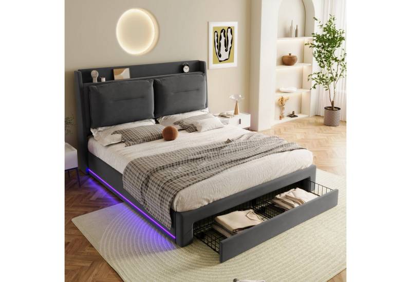 Ulife Polsterbett hydraulisches Bett, Doppelbett Stauraumbett mit LED-Beleuchtung (Ohne Matratze), 2-in-1 Stauraumschubladen am Bettende, 180x200cm von Ulife