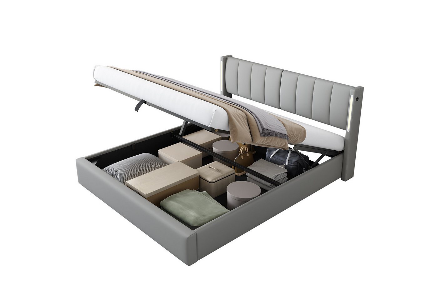 Ulife Polsterbett hydraulisches Bett, Jugendbett Doppelbett mit LED-Beleuchtung, mit USB-Ladefunktion, Stauraum, verstellbarem Kopfteil von Ulife