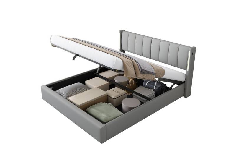 Ulife Polsterbett hydraulisches Bett, Jugendbett Doppelbett mit LED-Beleuchtung, mit USB-Ladefunktion, Stauraum, verstellbarem Kopfteil von Ulife