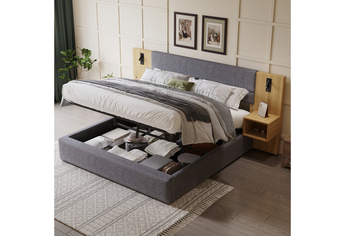 Ulife Polsterbett hydraulisches Breitohrbett mit USB-Anschluss, LED- Beleuchtung (Ohne Matratze, inklusive zwei Nachttischen), Struraumbett, Doppelbett, Funktionsbett, 180x200cm von Ulife