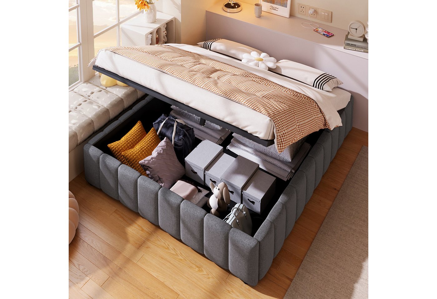 Ulife Polsterbett hydraulisches Stauraumbett Jugendbett ohne Kopfteil (Ohne Matratze), 140x200cm von Ulife