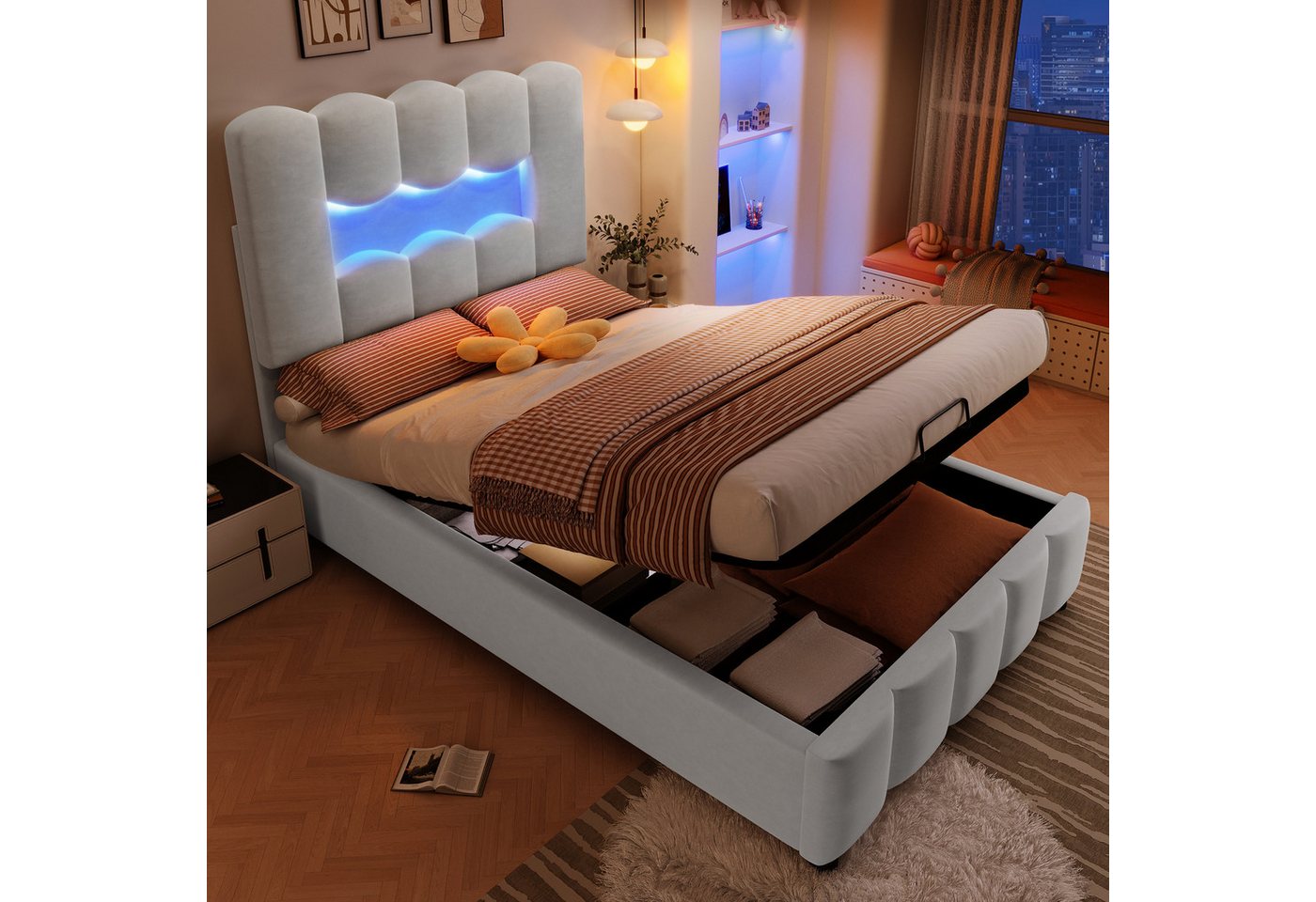 Ulife Polsterbett mit LED-Beleuchtung, Hydraulikvorrichtung und verstellbarem Kopfteil (1-tlg., Ohne Matratze), Kinderbett, 90x200cm von Ulife