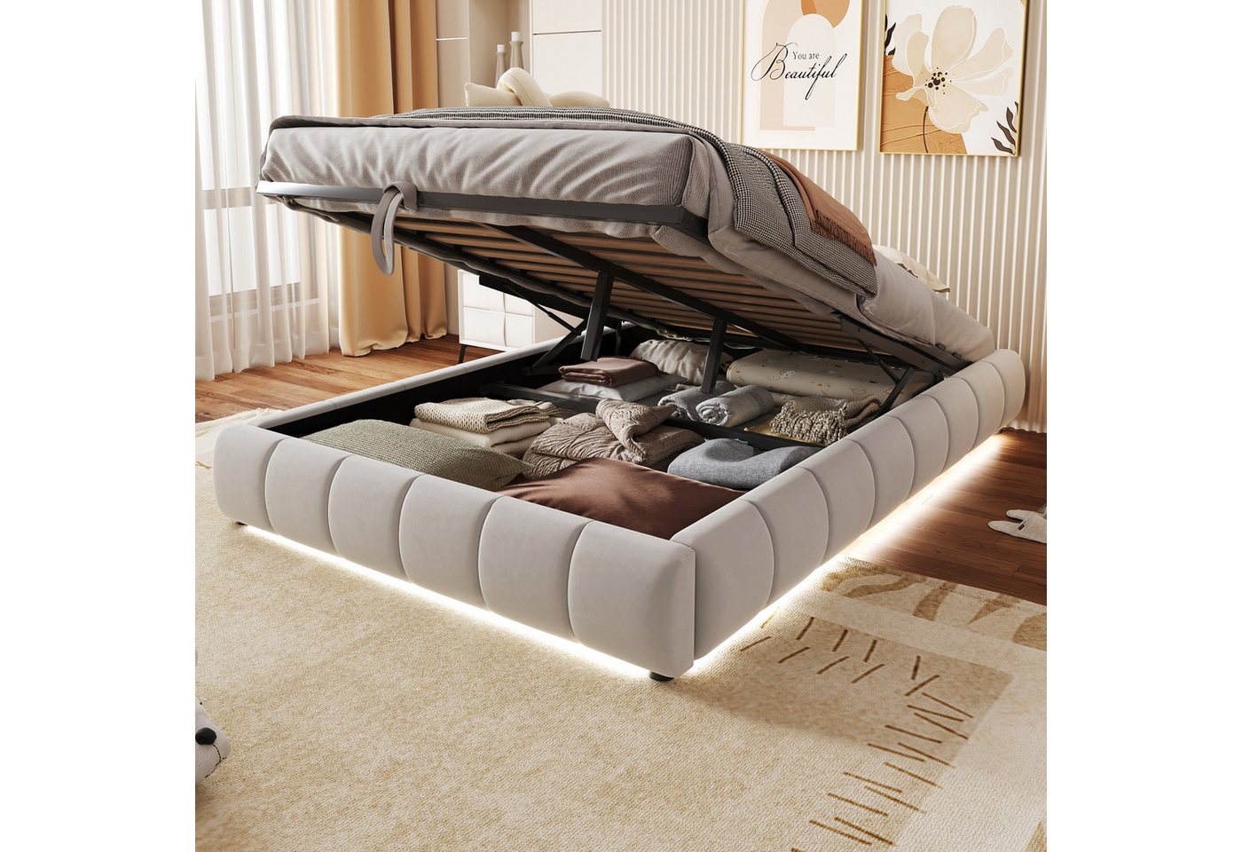 Ulife Polsterbett mit LED-Beleuchtung & Hydraulik-Stauraum, Schwebebett (Ohne Matratze), Funktionsbett, Kinderbett, Jugendbett ohne Kopfteil von Ulife