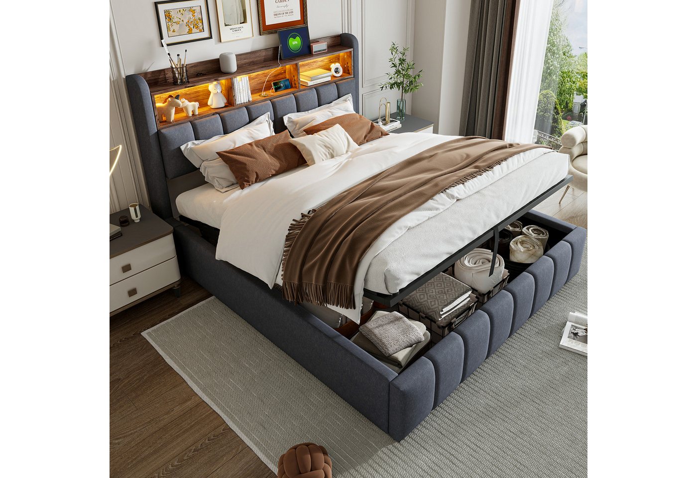 Ulife Polsterbett mit hydraulischem Stauraum, Jugendbett Gästebett (Ohne Matratze), mit LED-Beleuchtung und USB-Anschluss, 180x200cm von Ulife