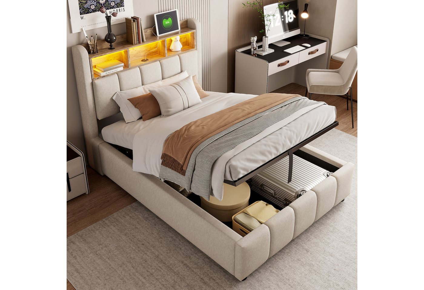 Ulife Polsterbett mit hydraulischem Stauraum, Jugendbett Gästebett (Ohne Matratze), mit LED-Beleuchtung und USB-Anschluss, 90x200cm von Ulife