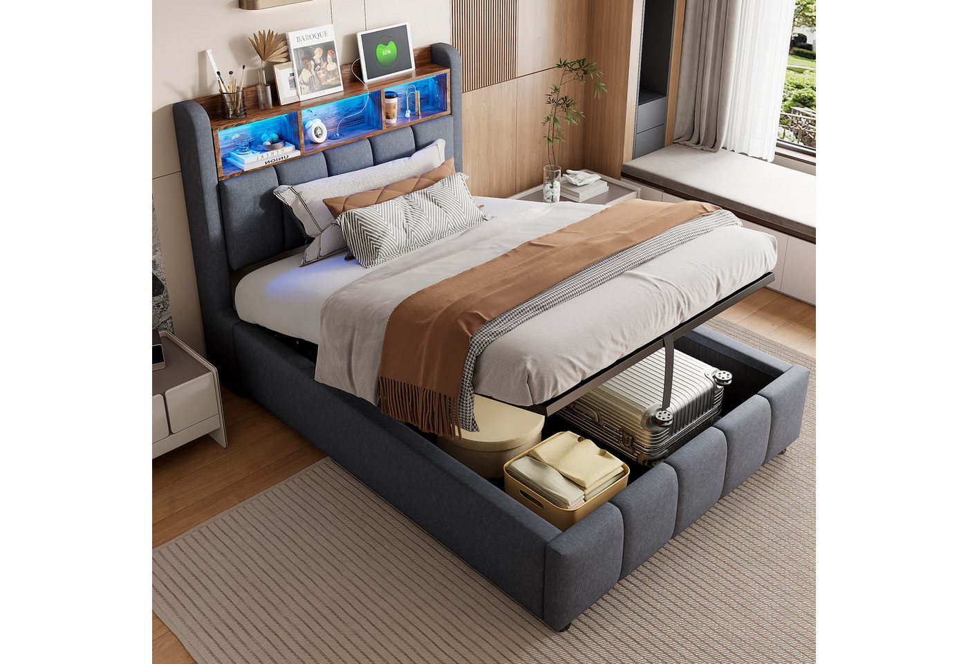 Ulife Polsterbett mit hydraulischem Stauraum, Jugendbett Gästebett (Ohne Matratze), mit LED-Beleuchtung und USB-Anschluss, 90x200cm von Ulife