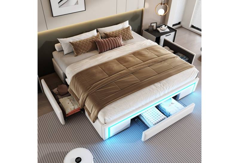 Ulife Polsterbett ohne Kopfteil, mit LED-Lichtleiste und Schubladen, PU-Leder Bett (Ohne Akku), Modernes Plattformbett, Ideal für Schlafzimmer & Gästezimmer von Ulife