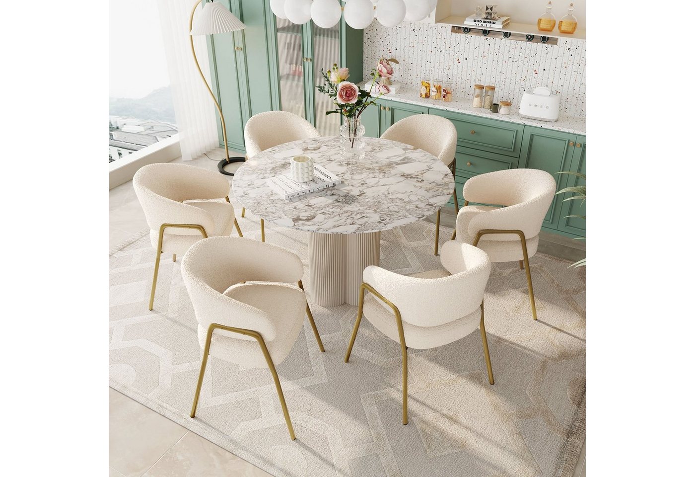 Ulife Polsterstuhl Moderne weiße Esszimmerstühle mit golden Beinen Lamm Samt (6 St), im 2er, 4eroder 6er-Set von Ulife