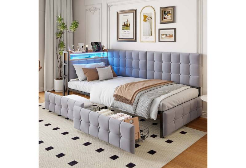 Ulife Schlafsofa Kinderbett Polsterbett mit 2 Schubladen und LED-Nachttischlampe, Daybett Kinder-Bootsbett mit USB- und Typ-C-Anschluss von Ulife