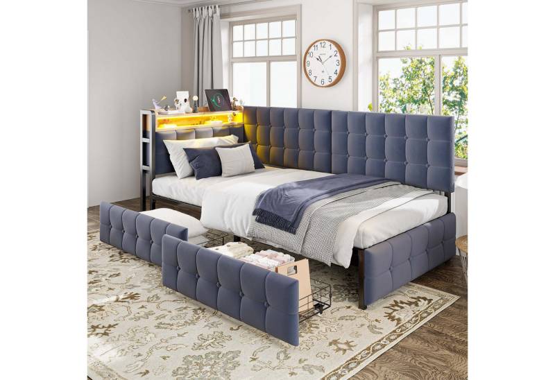 Ulife Schlafsofa Kinderbett Polsterbett mit 2 Schubladen und LED-Nachttischlampe, Daybett Kinder-Bootsbett mit USB- und Typ-C-Anschluss von Ulife