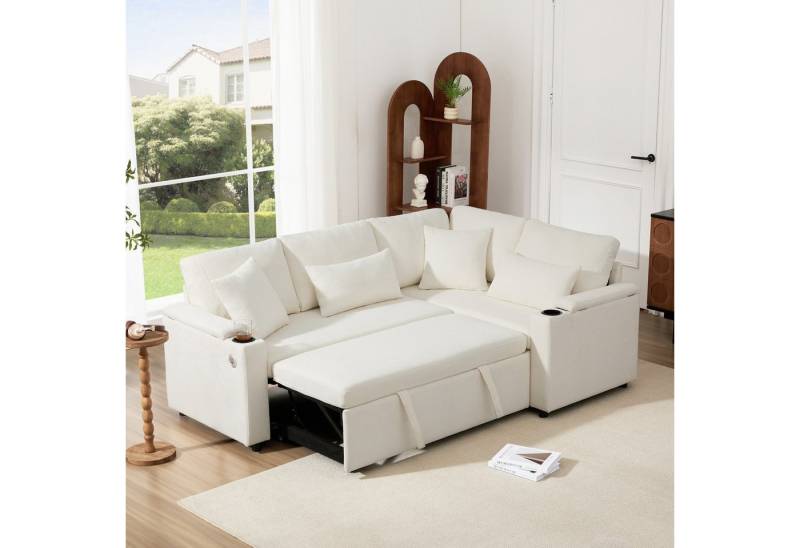 Ulife Schlafsofa mit Stauraum,L-förmiges, ausziehbares Ecksofa,Getränkehalter, 1 Teile, USB-Ladeanschluss, Armlehnenablage und vier Kissen von Ulife