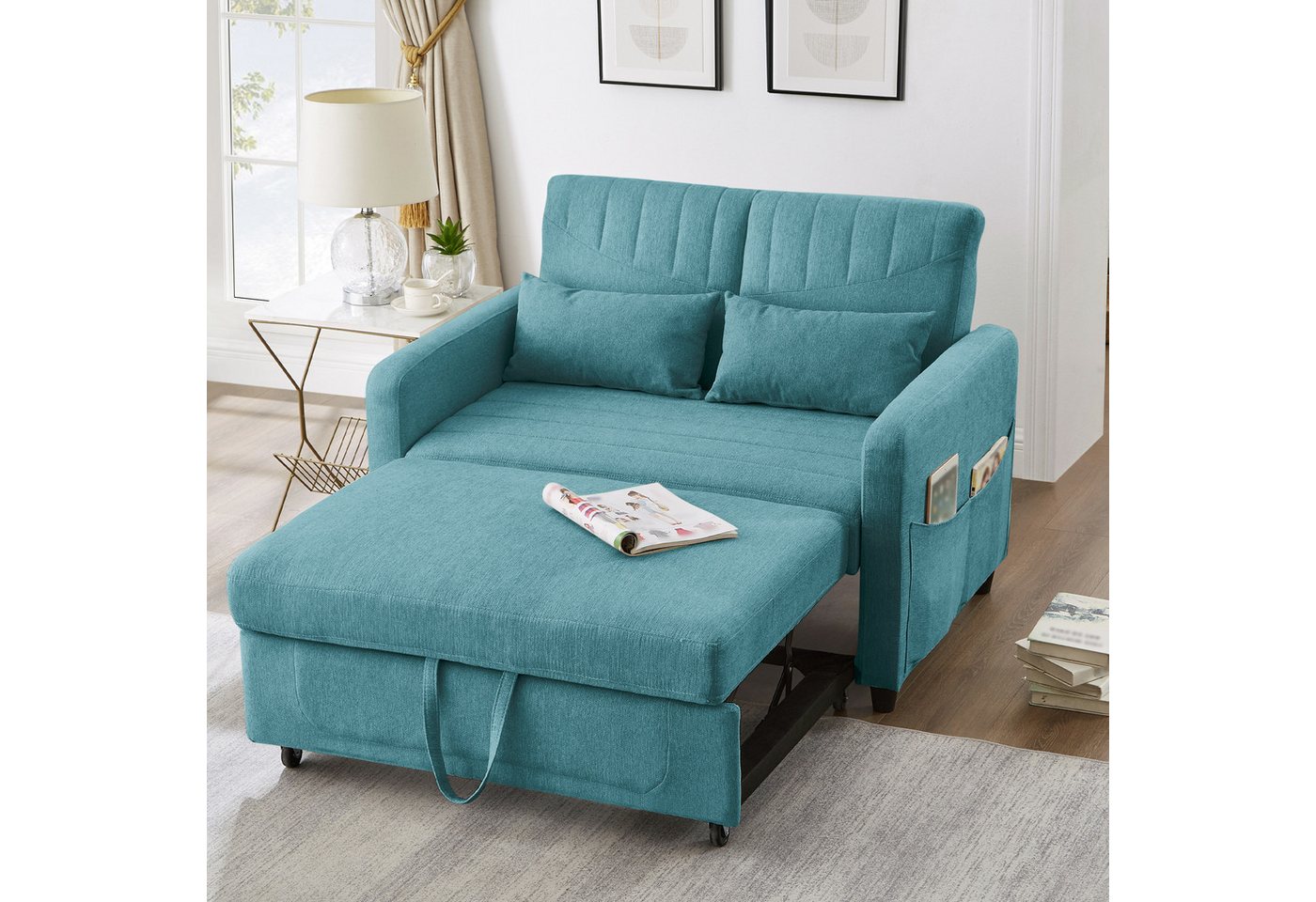 Ulife Schlafsofa mit ausziehbarem Sofabett und 3-stufig verstellbarer Rückenlehne, 1 Teile, Mit Metallrollen, Inklusive zwei Kissen von Ulife