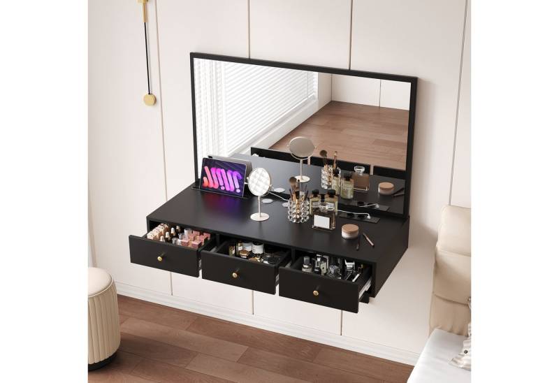 Ulife Schminktisch Wand-Schminktisch mit Spiegel, 3 Schublade und Steckdosen (1-St), Tablet-Kartensteckplatz, Getränkehalter, 100×105×45 cm von Ulife