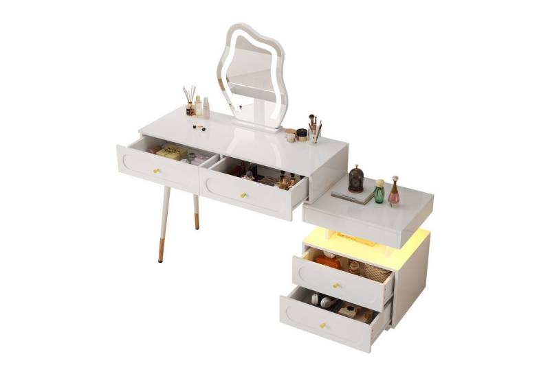 Ulife Schminktisch mit LED-Spiegel und Beleuchtung,mit 4 Schubladen und1 offenes Staufach (1-St), Weiß,Maße: B140/T40/H130 cm(ohne Hocker) von Ulife