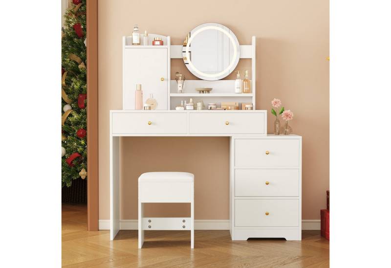 Ulife Schminktisch mit dimmbarer LED-Beleuchtung, integrierten Steckdosen und Spiegel (1-St), inkl. 1 Hocker, 5 Schubladen & 1 Türfach, 90x132x40cm von Ulife