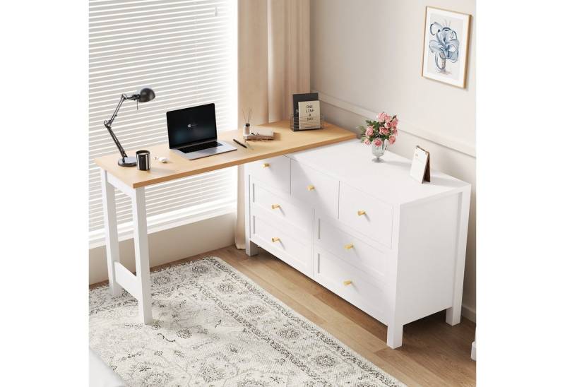 Ulife Schreibtisch 2-in-1 Eckschreibtisch mit 7-Schubladen Kommode, Drehwerkbank (1-St), 360° drehbare Tischplatte in Eichenoptik, L-Form von Ulife