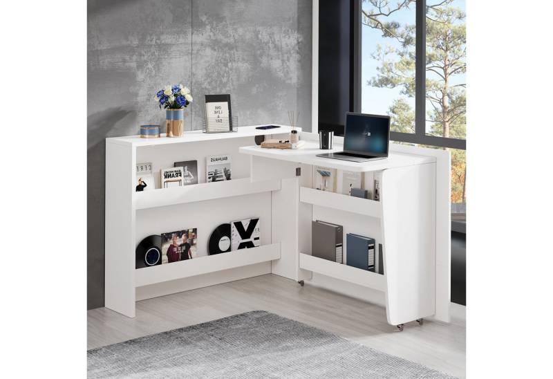 Ulife Schreibtisch 2-in-1 Sideboard und Arbeitsplatz mit Wireless Charger und Rollen (1-St), Faltbarer Mehrzweckschrank mit Ablagen und drehbarem Arbeitstisch von Ulife