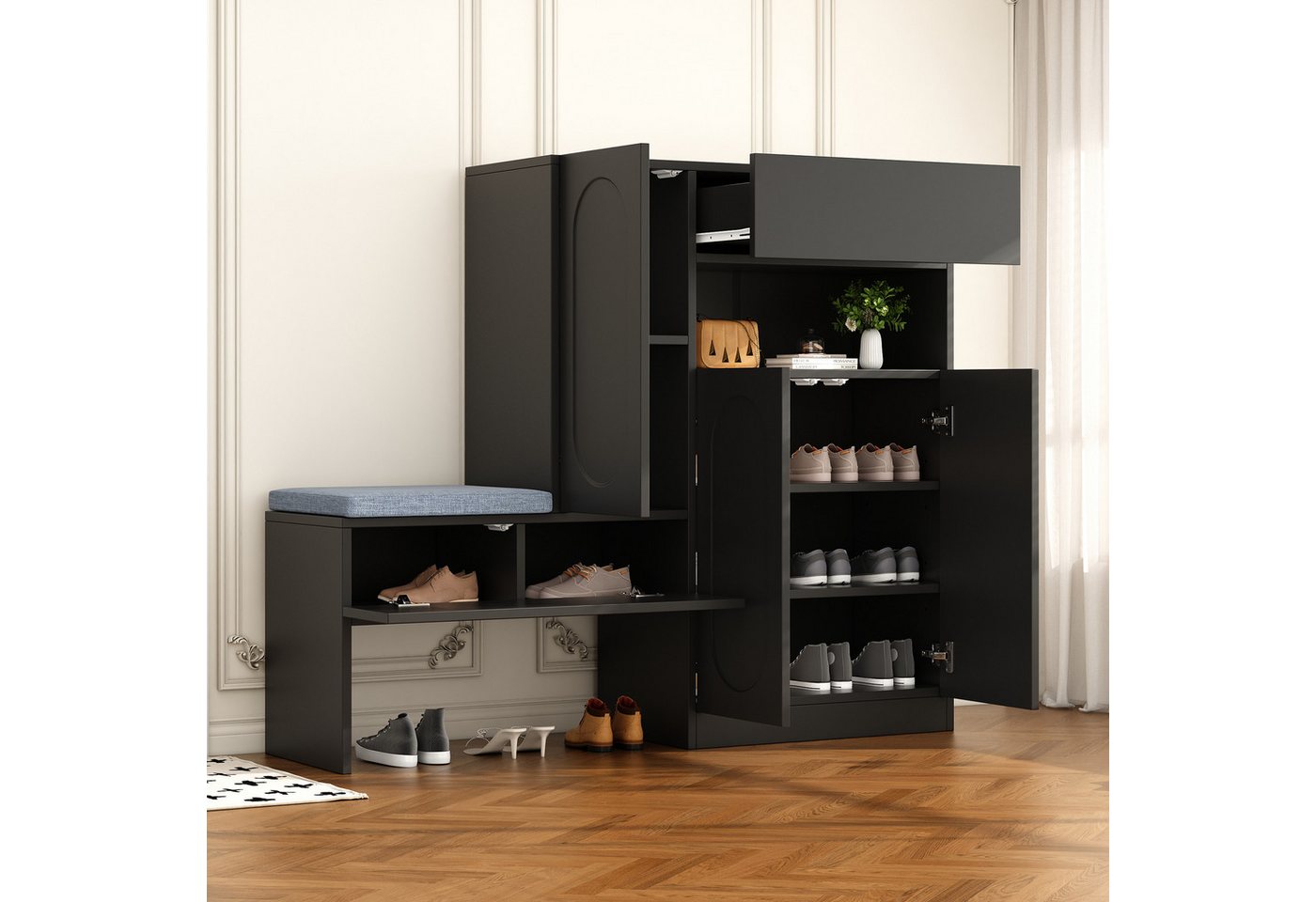 Ulife Schuhschrank 2-in-1 mit Fächern und gepolsterter Bank, (1-St) schwarz,130 x 35 x 110 cm von Ulife