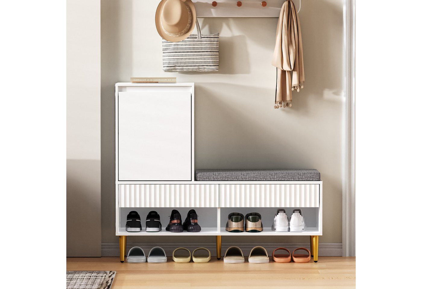 Ulife Schuhschrank mit Sitzbank (1-St) 1 Tür, 2 Schubladen, 2 offene Ablagefächer, 100x35x90cm von Ulife