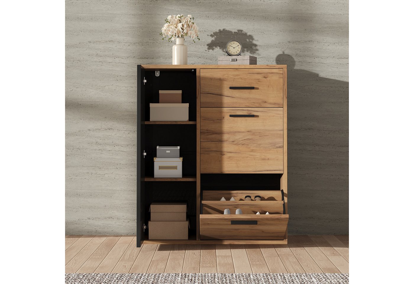 Ulife Schuhschrank mit verstellbaren Regalen (1-St) Schwarze Griffe, 1 Schublade, 2 Klappschuhfächer und 1 Tür von Ulife