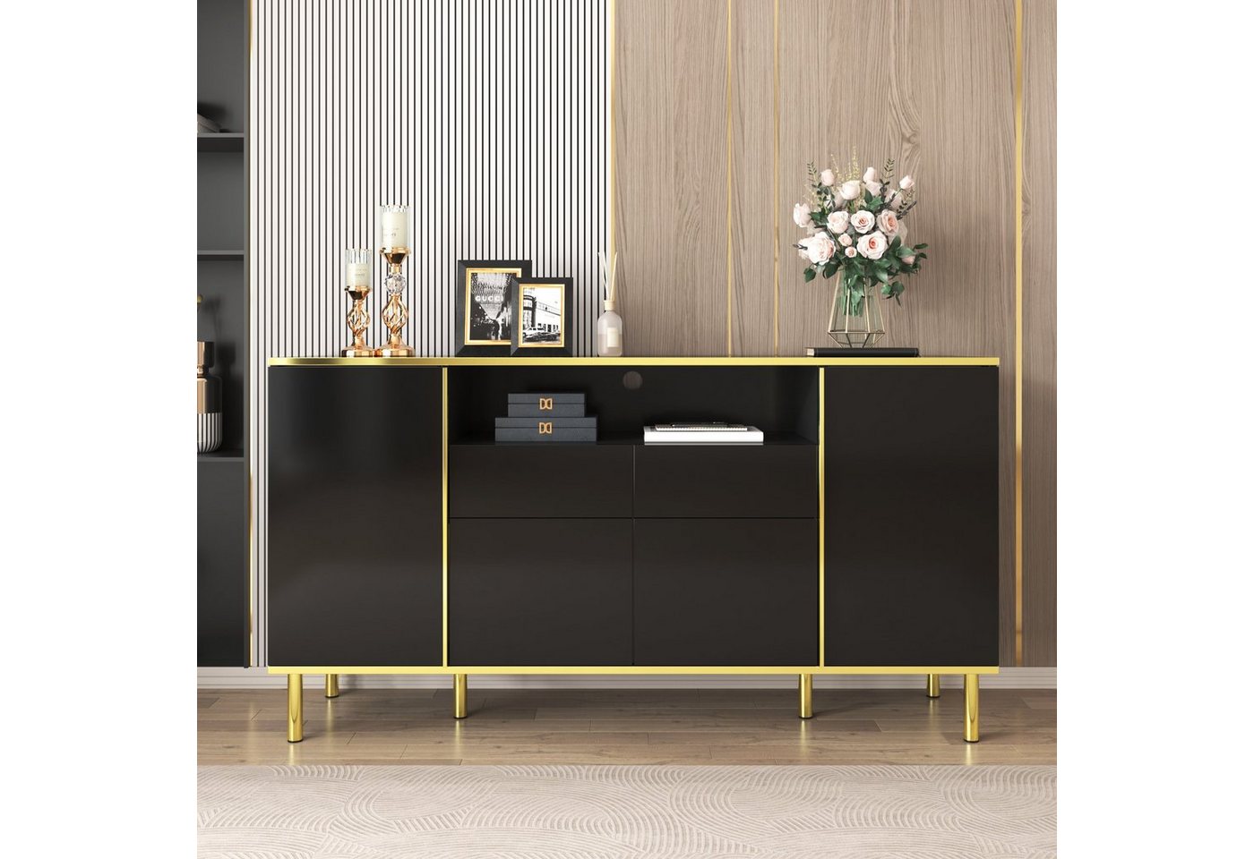 Ulife Sideboard Anrichte mit LED,Kommode mit goldenen Rahmen, Hochglänzendes schwarzes Schubladen, Schlafzimmer Schubladenschrank von Ulife