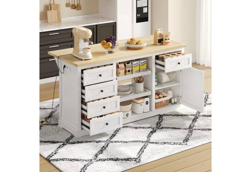 Ulife Sideboard Bar‑Schrank, Kücheninsel 150×65×75 cm – 5 Schubladen, 2 Ausziehböden (1 St), Mit Klappbarer Erweiterungsplatte, Steckdosen und USB-Ports von Ulife