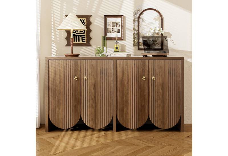 Ulife Sideboard Kommode in Walnussoptik, Aufbewahrungsschrank, 147 x 40 x 80 cm, 4 Türen mit verstellbaren Einlegeböden von Ulife