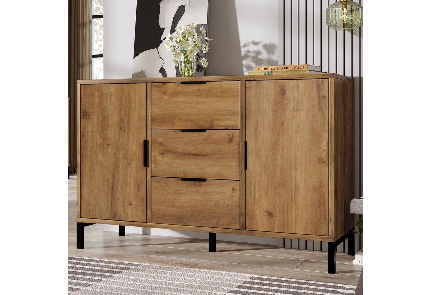 Ulife Sideboard Kommode mit 2 Türen und 3 Schubladen,Dunkle Eiche, Verstellbare Ablage, 120 x 40 x 76 cm von Ulife