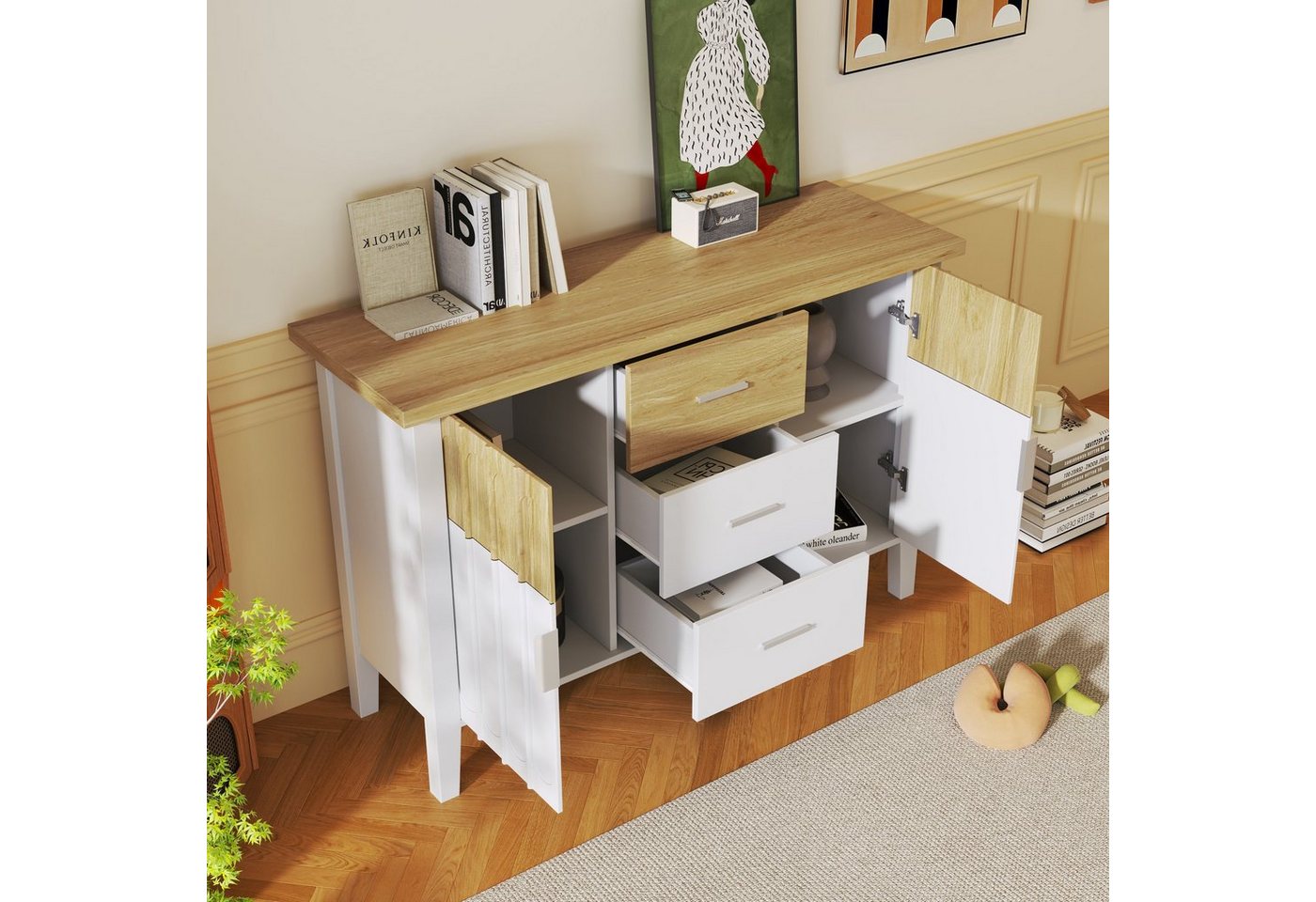 Ulife Sideboard Kommode mit 3 Schubladen und 2 Türen Anricht 120x40x80 cm, Design in Weiß und Holzfarbe von Ulife