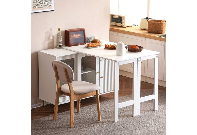 Ulife Sideboard Küchenschrank Esstisch mit 2 Glasschiebetür und 1 Schubladen, mit klappbarem Ausziehtisch 360° drehbar von Ulife