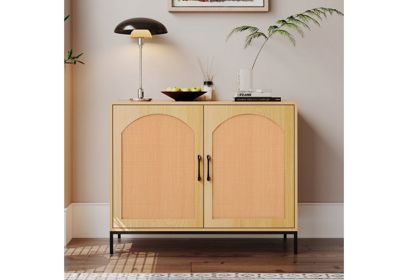 Ulife Sideboard Rattan Aufbewahrungsschrank mit zwei unregelmäßigen Türen, Maße:B100/H80/T39 cm von Ulife