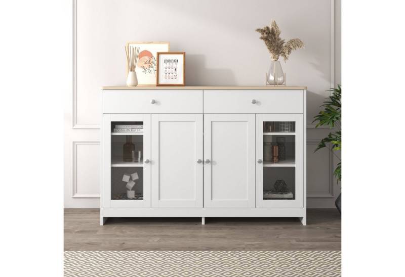 Ulife Sideboard Weiß Küchenschrank mit 4 Türenmit Glas,2 Schubladen, 120x37x80 cm von Ulife