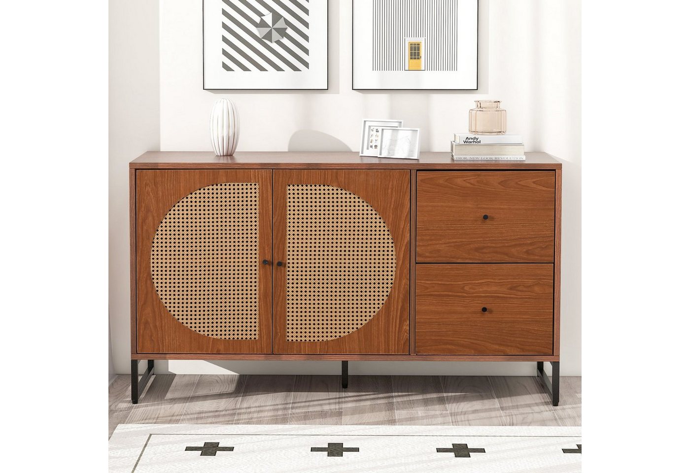 Ulife Sideboard mit 2 Rattan verzierten Türen und 2 Schubladen (1 St), 130 × 40 × 75cm von Ulife