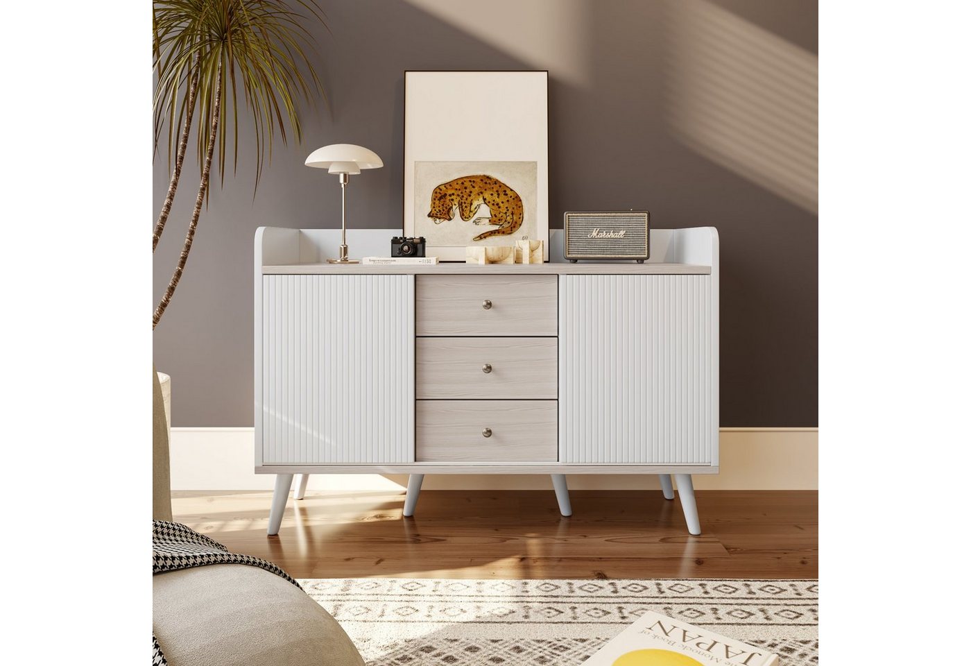 Ulife Sideboard mit 3 Schubladen und 2 Schiebetüren (exquisite Maserung), Kommode aus Holz mit verstellbaren Einlegeböden von Ulife