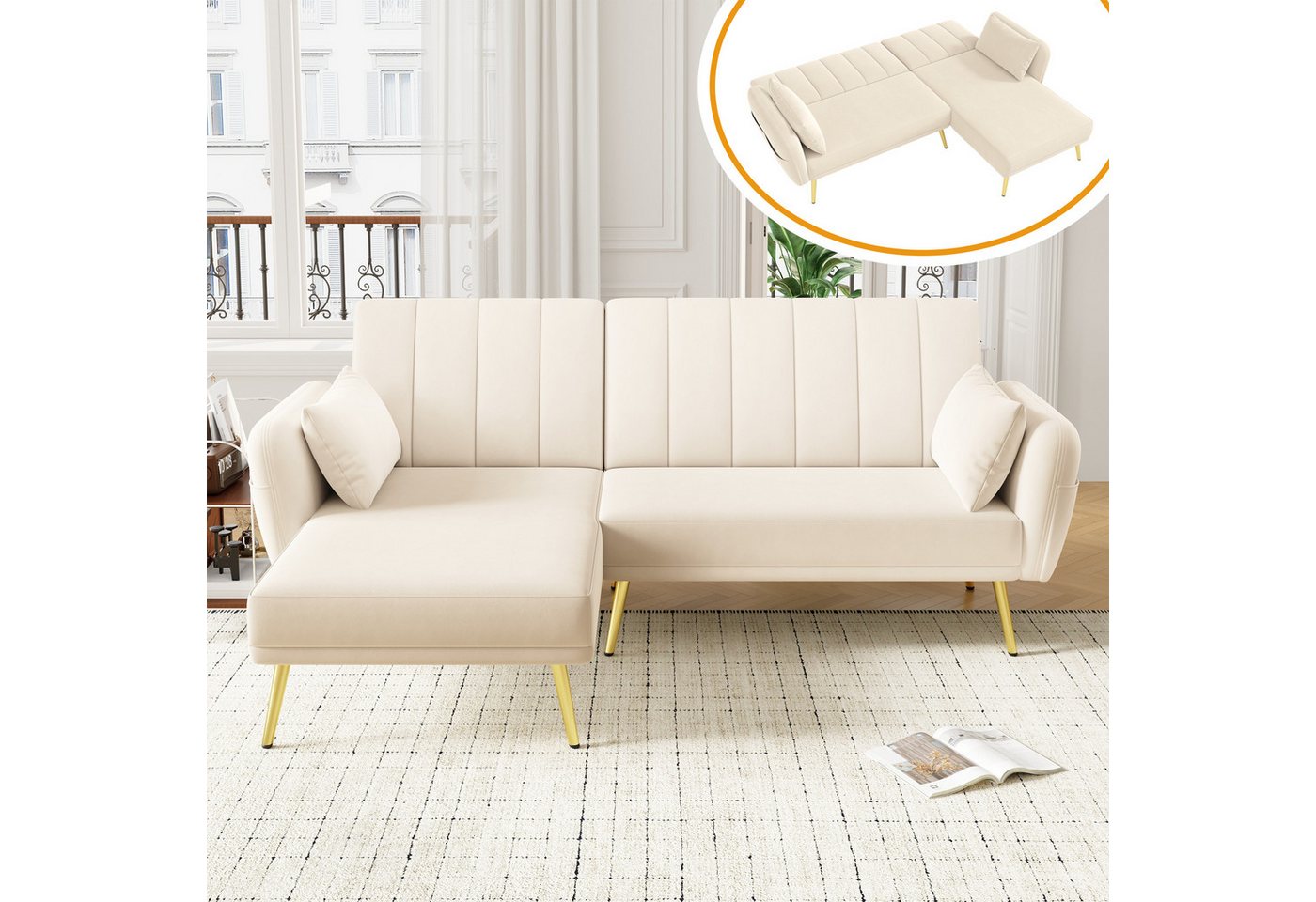 Ulife Sofa Ecksofa mit Schlaffunktion, Klappsofa, L-förmiges Sofa, mit verstellbarer Rückenlehne und Aufbewahrungstaschen Ulife Sofa Ecksofa mit Schlaffunktion, Klappsofa, L-förmiges Sofa, mit verstellbarer Rückenlehne und Aufbewahrungstaschen von Ulife