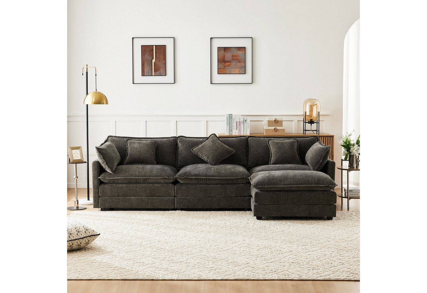 Ulife Sofa Geräumiges L-förmiges Chenille-Sofa mit Fußhocker, 3-4 Personen, doppelschichtiges Kissen für maximalen Komfort, mit Relaxfunktion von Ulife