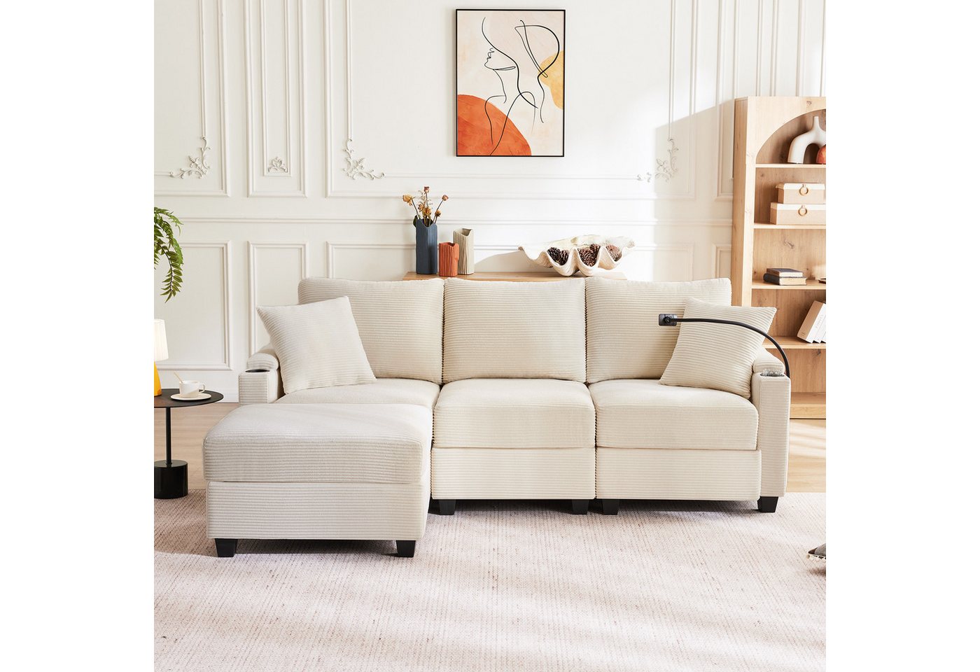 Ulife Sofa Multifunktionssofa, L-förmiges Ecksofa, umwandelbares 3-Sitzer-Sofa, mit Fußhocker, Getränkehalter, USB, Armlehnenablage und 2 Kissen von Ulife